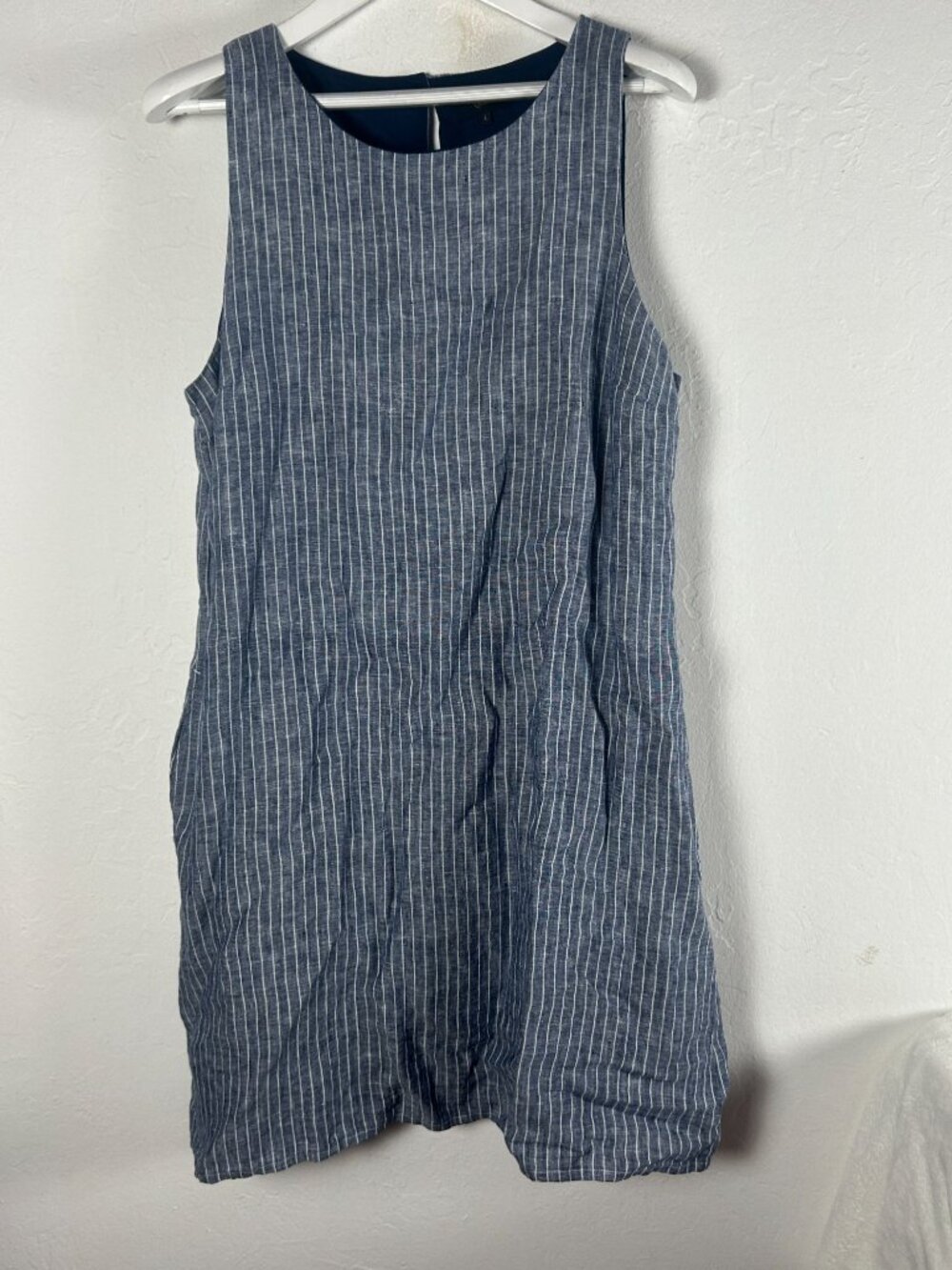 Quince Navy Blue Pinstripe Sleeveless Shift Dress